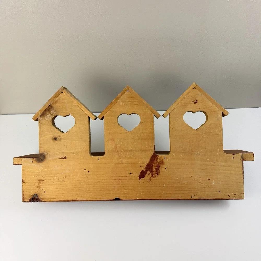 Vintage Wood Birdhouse Heart Wall Shelf Key Rack Peg Hooks Farmhouse Decor
